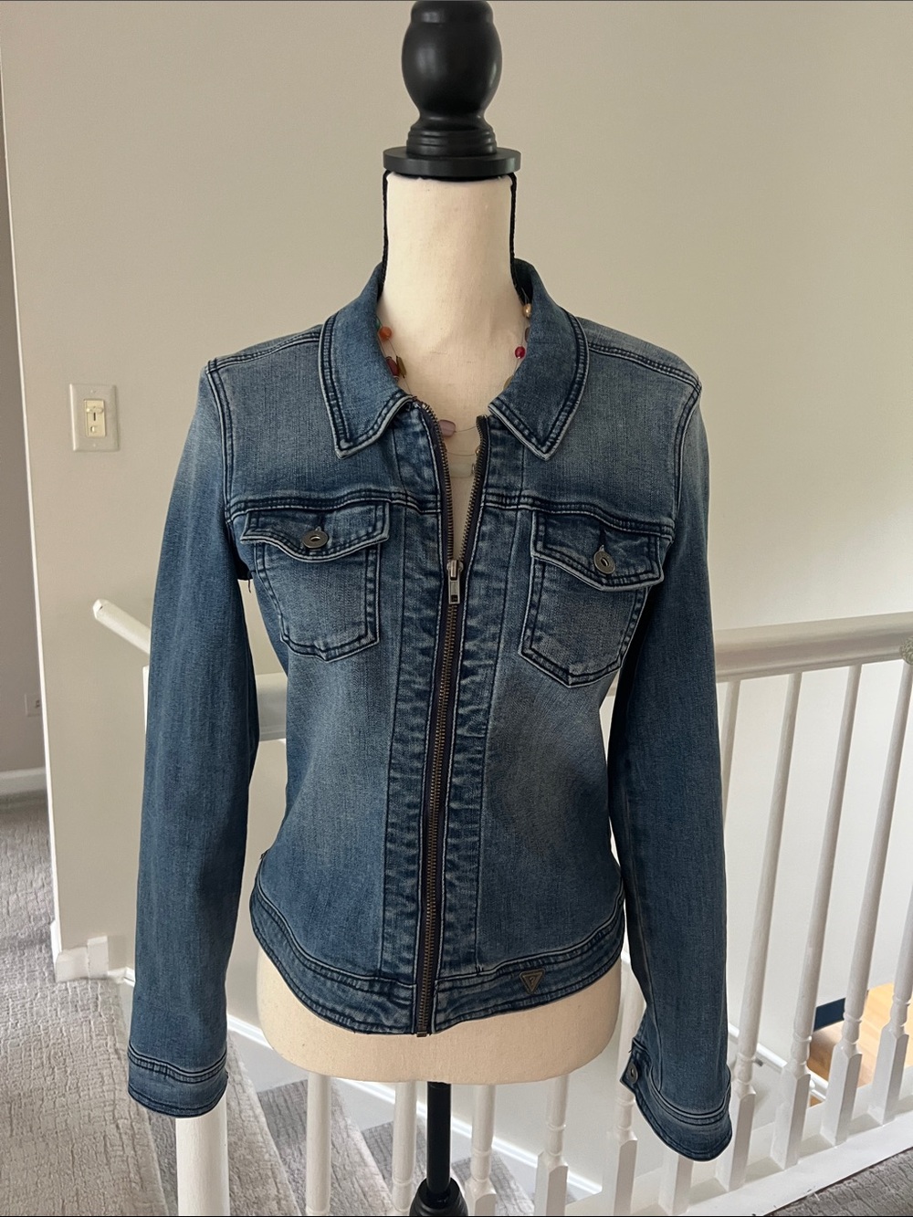 Guess Blue Washed Denim Zip-Front Jacket